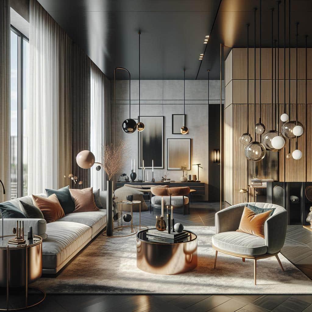 Fotobeschrijving: Luxe woonkamer met trendy kleurenpalet en elegant interieurontwerp.