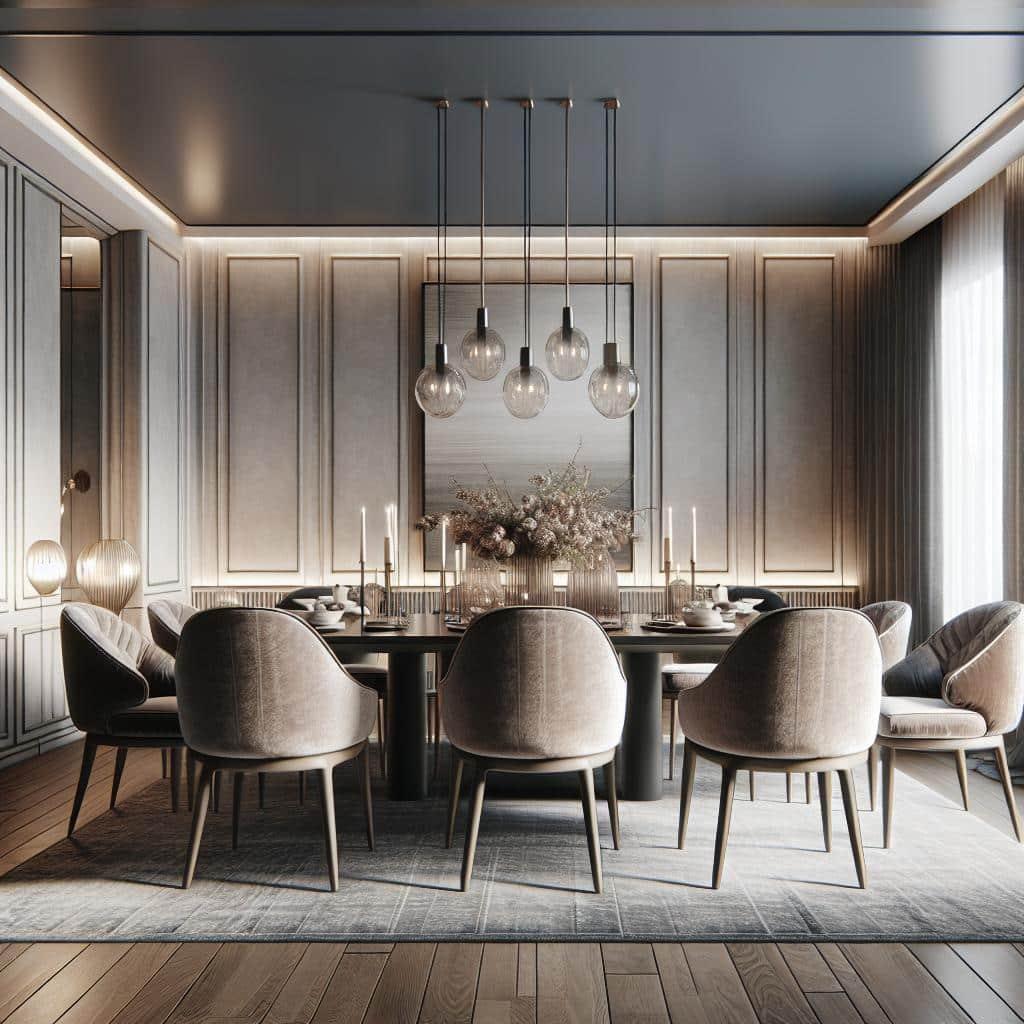 "Moderne eetkamer met elegante houten tafel en gestoffeerde stoelen, stijlvolle hanglampen, en sfeervolle decoraties in een chique interieurontwerp."
