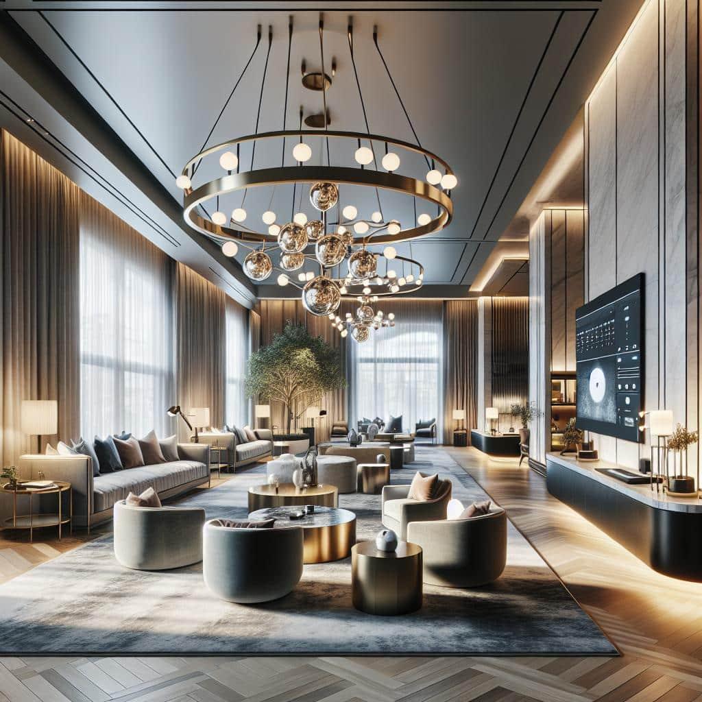 Moderne en luxueuze Scandinavische interieurconcept voor virtuele interactie, elegant en functioneel.