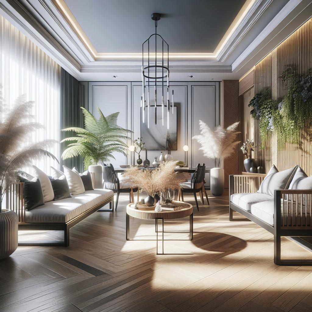 Sfeervol en eigentijds interieurontwerp van een woonkamer met visgraatvloer, groene muur met planten, elegante hanglampen en een minimalistische inrichting met natuurlijke decoraties.