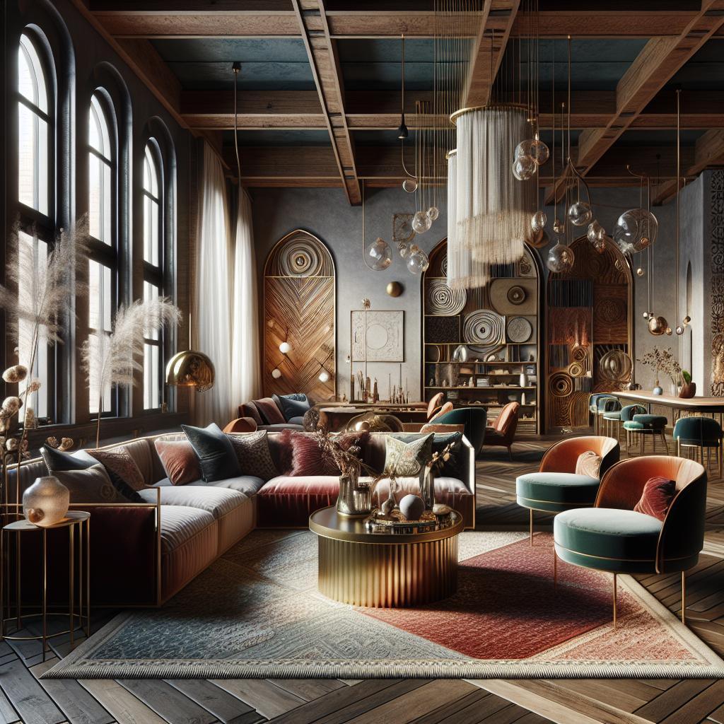 Bohemian-inspired interior design blending modern elegance with luxurious chic elements.