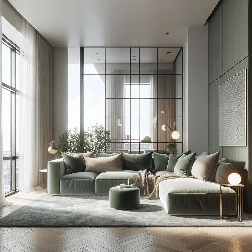 Afbeelding van modern Scandinavisch geïnspireerde woonkamer met chique groene hoekbank.