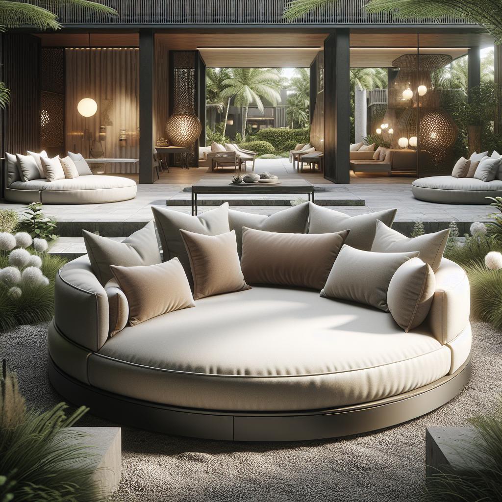 "Luxe ronde buitenbank met comfortabele kussens in een moderne tropische tuin met designer buitenverlichting en stijlvolle landschapsarchitectuur."