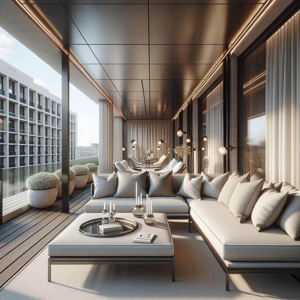 Luxe loungebank op stijlvol balkon: Scandinavisch design, minimalistisch chic, serene uitstraling.