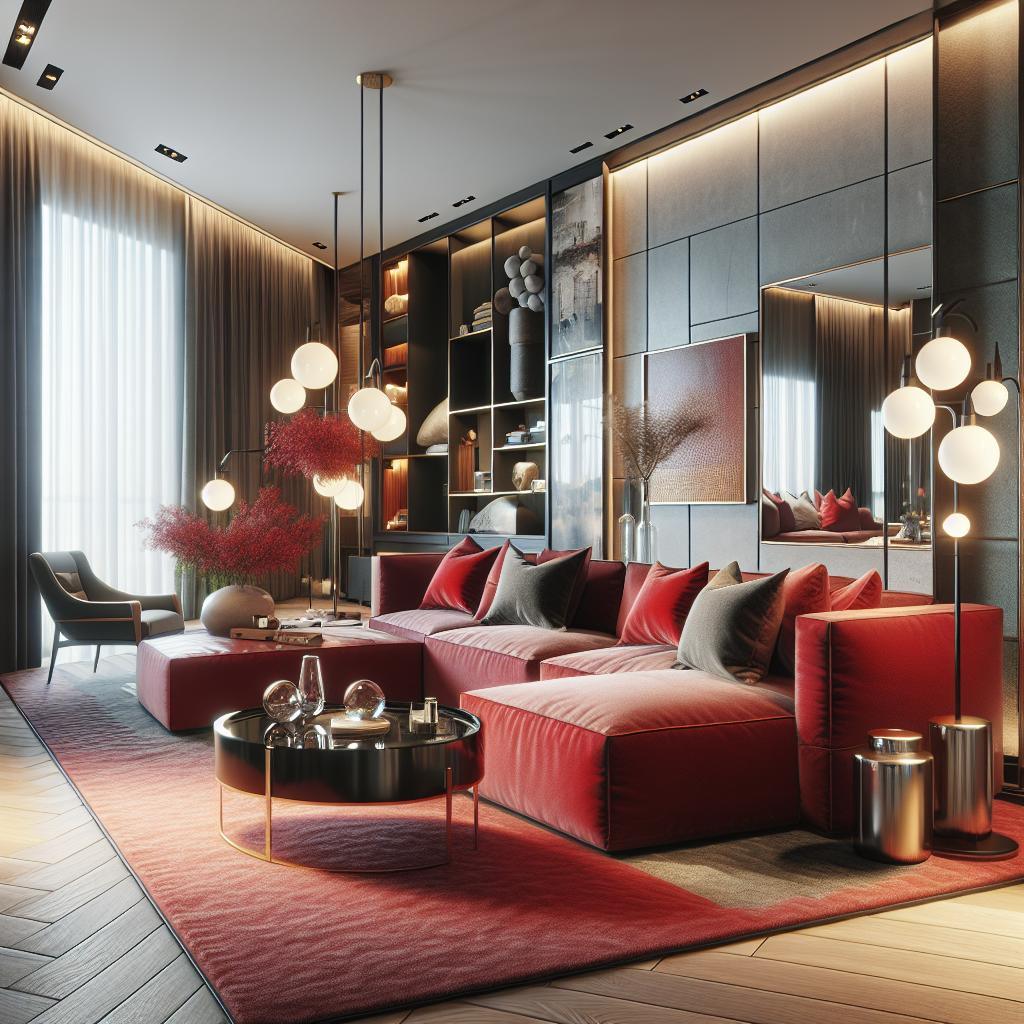 Hoekbank in moderne interieur: elegante Scandinavische design met rode hoekbank als pronkstuk.