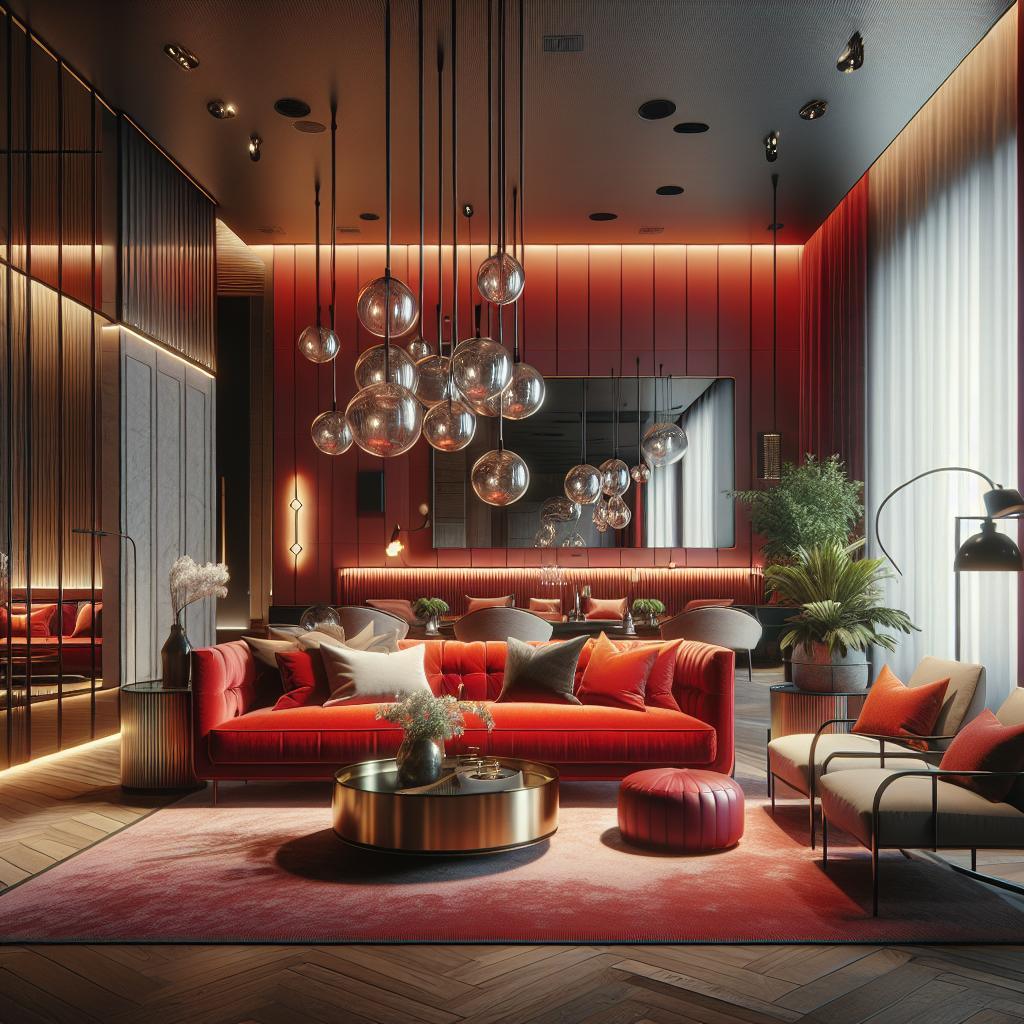 Afbeelding van een modern interieur met een opvallend rood bankstel.