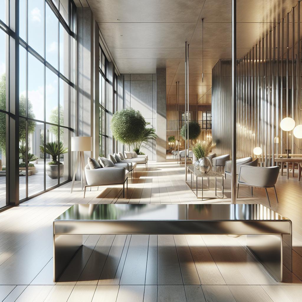 Hyperrealistische Scandinavische interieurconcept met elegant aluminium tuinbank - luxueus en tijdloos.