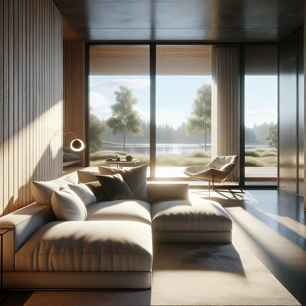 Hoekbank in modern Scandinavian interior with hotel chic elegance and serene landscape view.