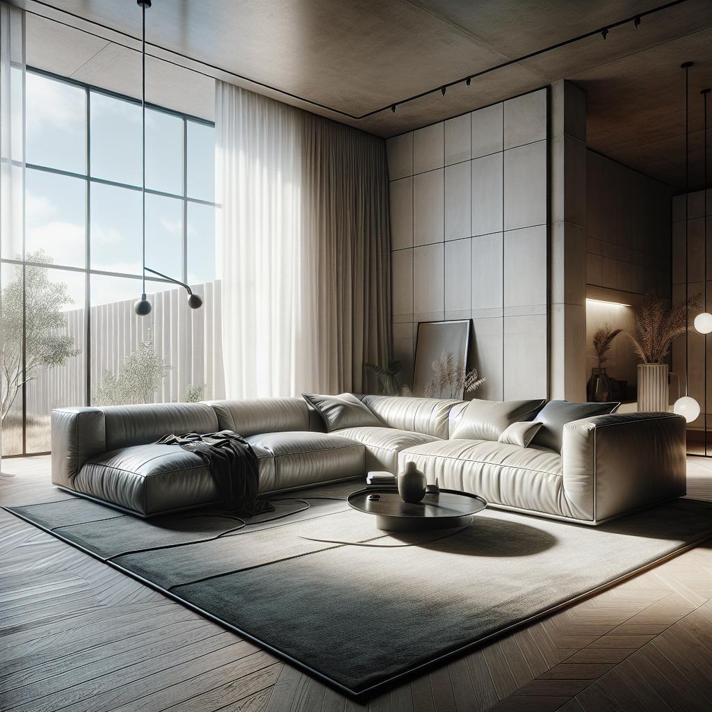 Fotobeschrijving: Luxe Scandinavische hoekbank in moderne woonkamer met minimalistische, neutrale inrichting.