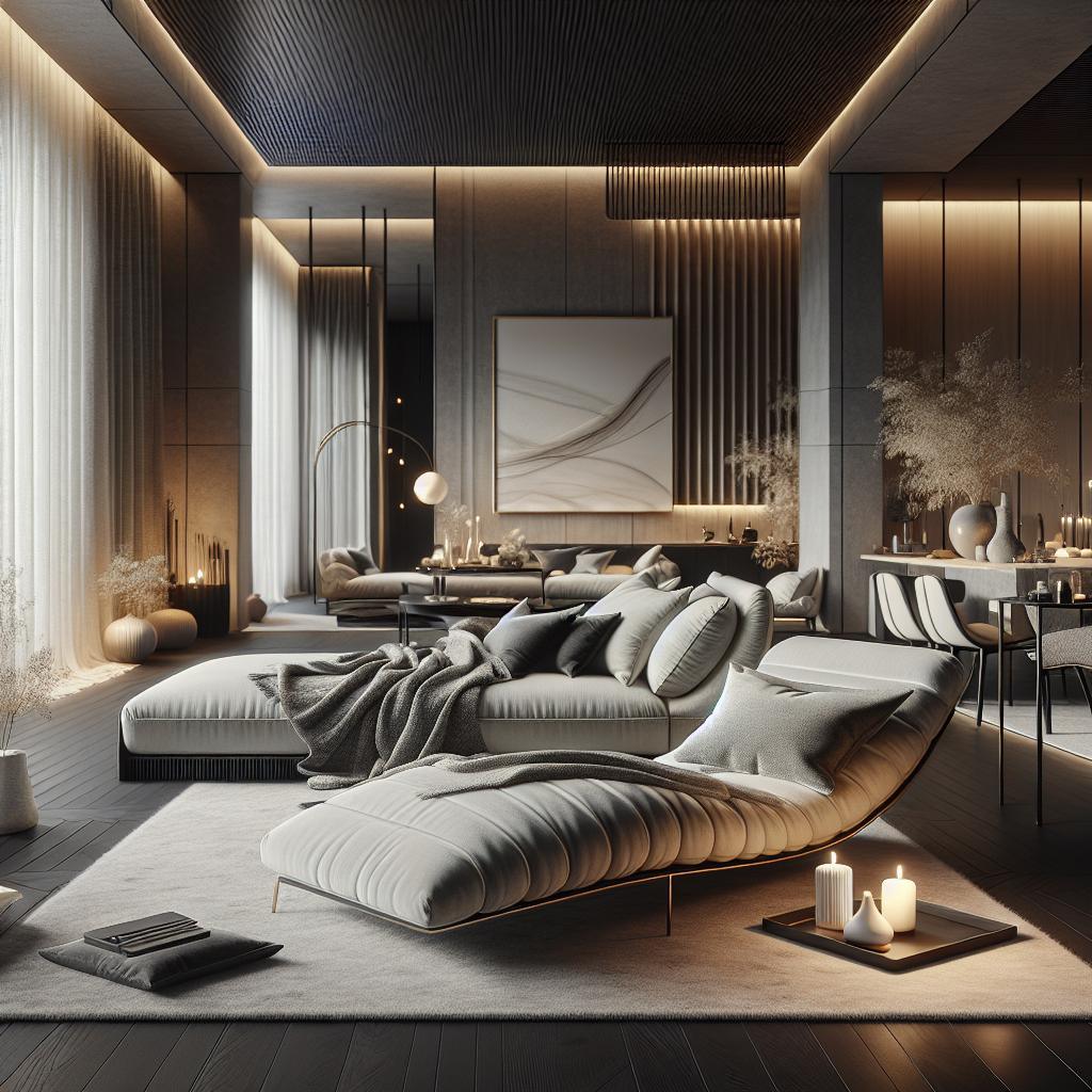 "Minimalistisch-chique leefruimte met gestoffeerde designbank, moderne kunst, subtiele verlichting en elegante woonaccessoires in een luxe interieursetting"