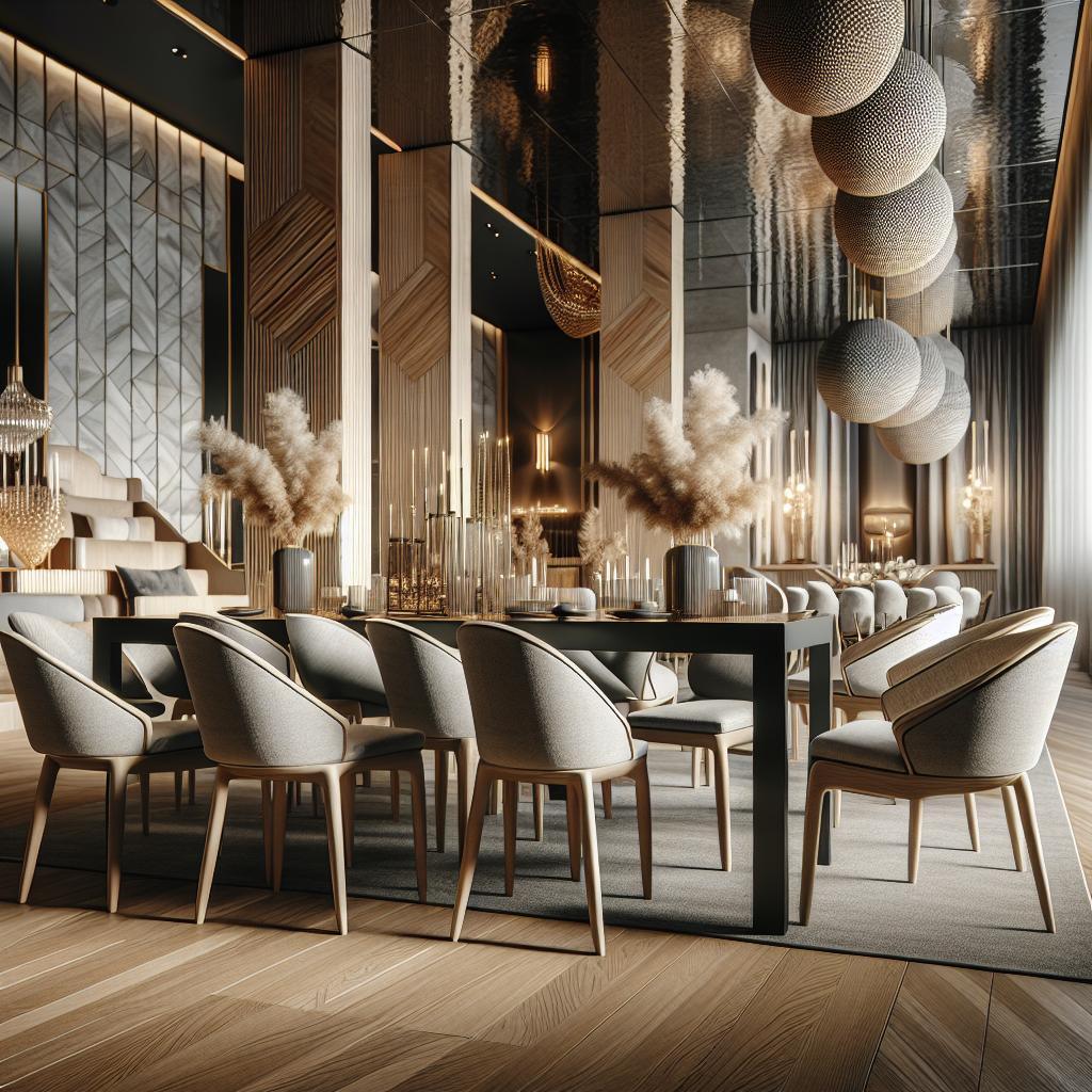 "Elegant eetkamerontwerp met chique ronde eettafel, moderne gestoffeerde stoelen en hangende sfeerverlichting in luxe restaurant of hotel interieur met houtaccenten en decoratieve planten."
