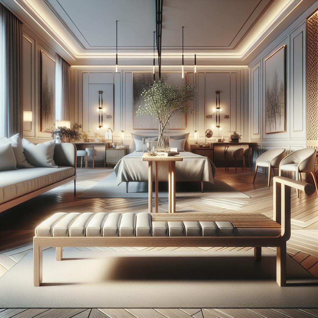 Hyperrealistisch beeld van luxe Scandinavisch design met weerbestendige tuinbank.