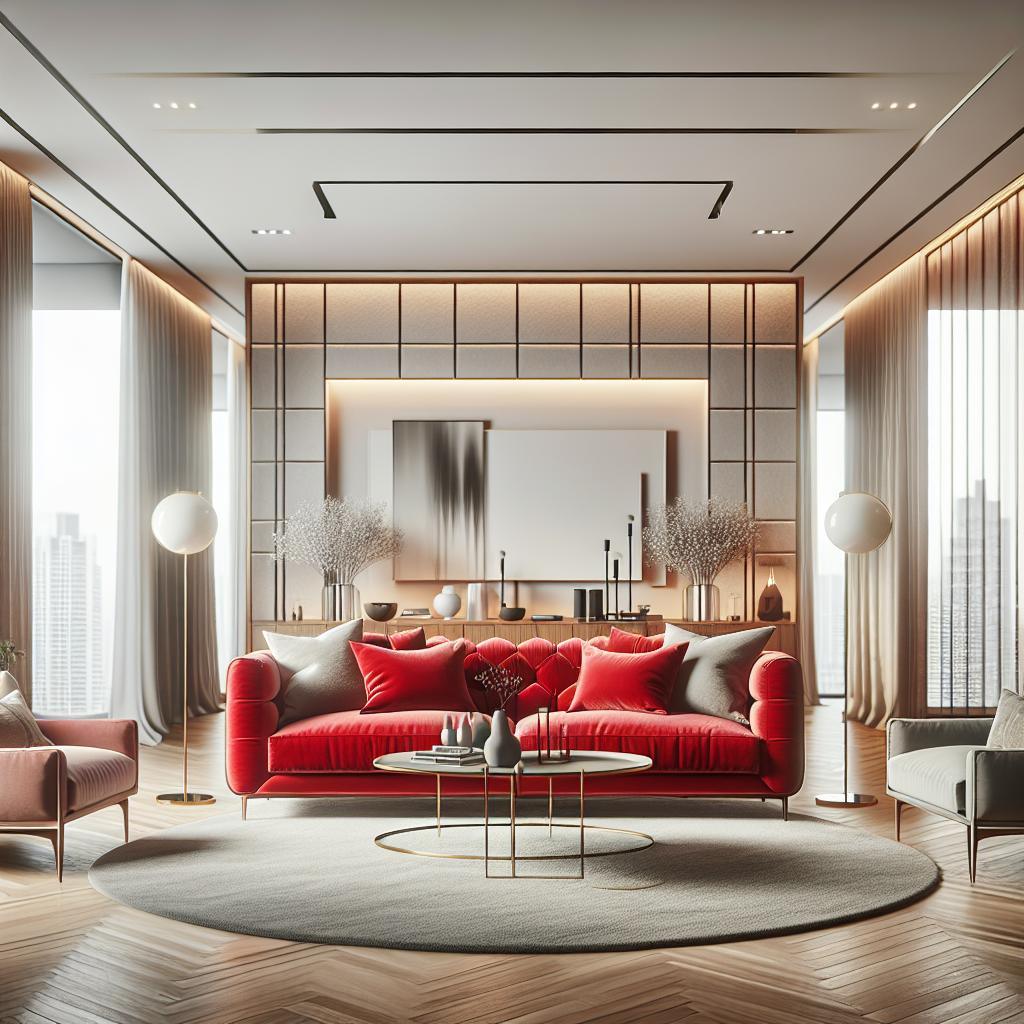 Rode sofa in chic, minimalist modern living room with Scandinavian influences.
