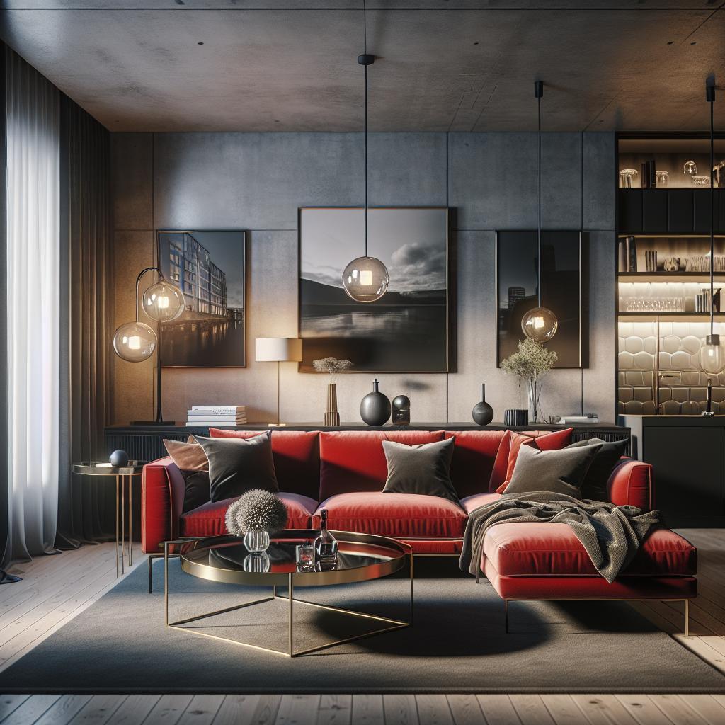 Moderne luxe woonkamer met Scandinavisch tintje en opvallende rode sofa.