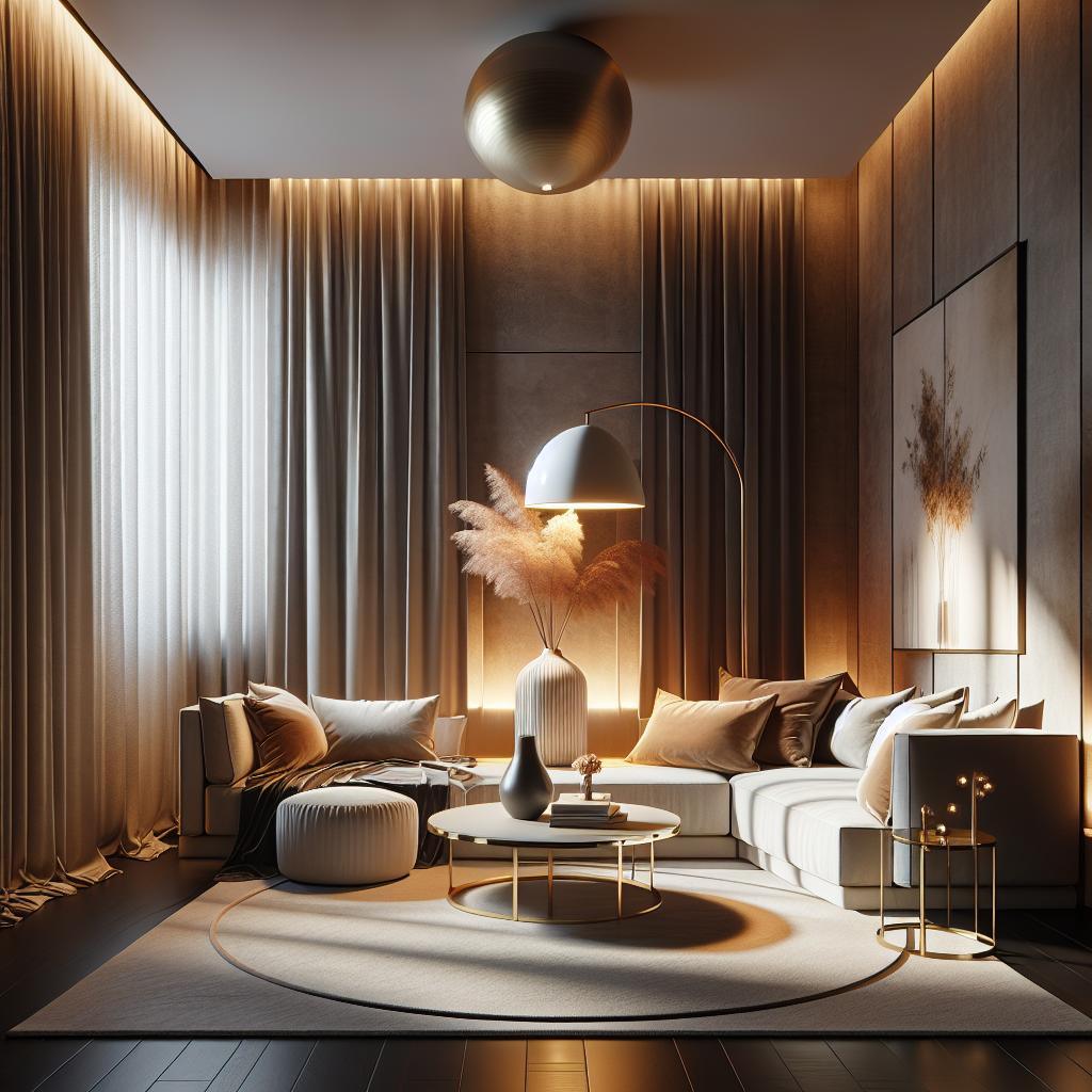 Stijlvolle staande lamp in luxe Scandinavisch hotel-chique interieurontwerp met warme ambiance.