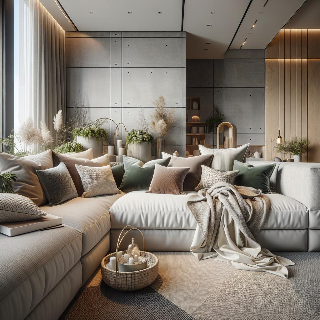 Foto van modern Scandinavisch interieur met hotel chic uitstraling, hoekbank met stijlvolle kussens en dekens.