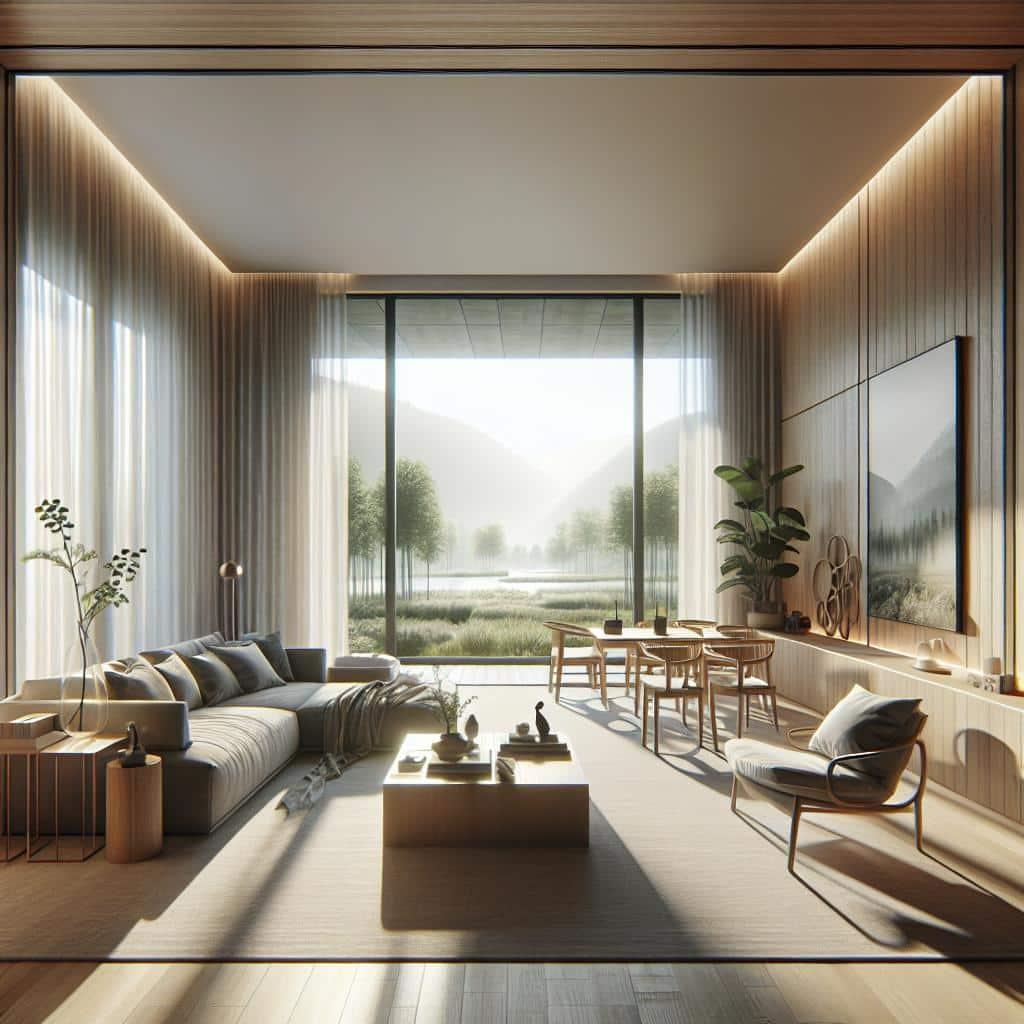 Hyperrealistisch interieurontwerp met Scandinavische en luxueuze elementen, en panoramisch groen uitzicht.