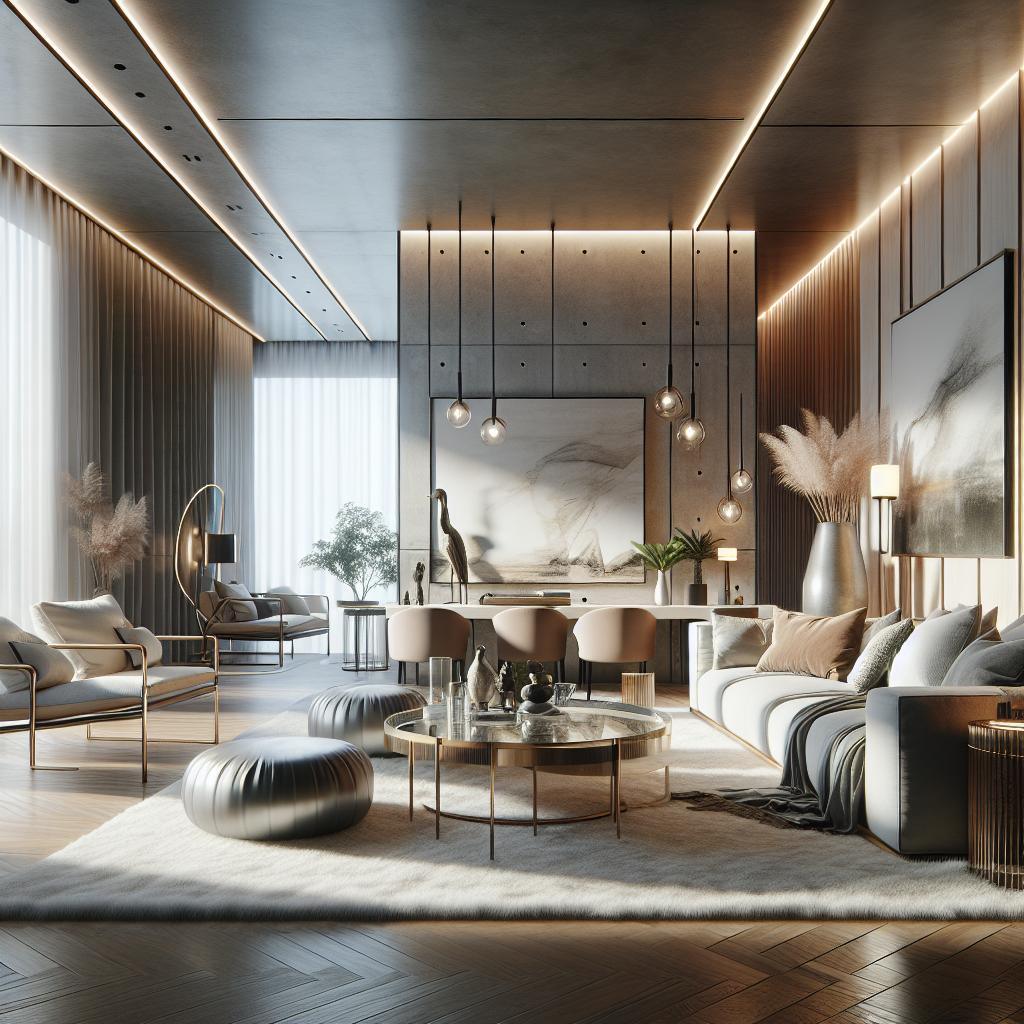 Futuristic interior comfort: contemporary Scandinavian design meets luxury hotel chic in living room.