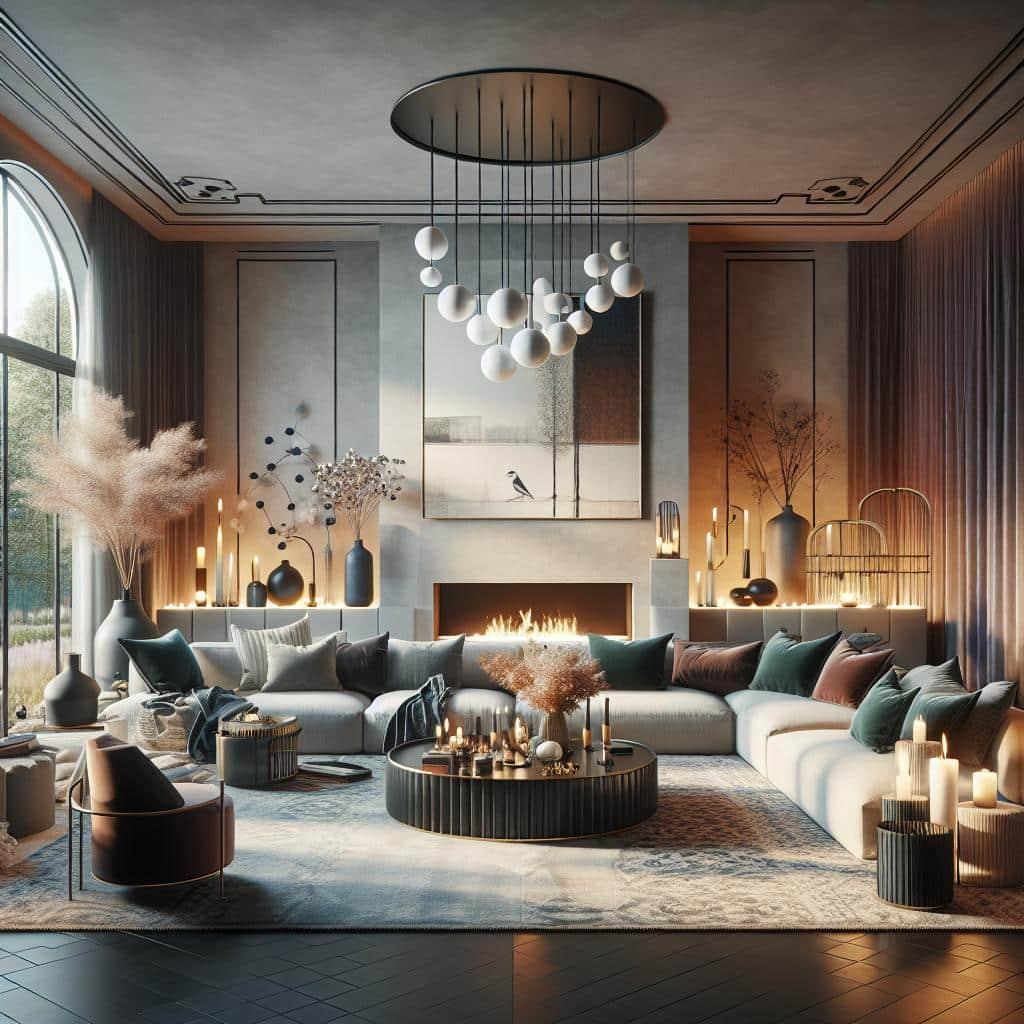 Foto van luxueuze woonkamer met Scandinavische en chique elementen, modern design en statement kunst.