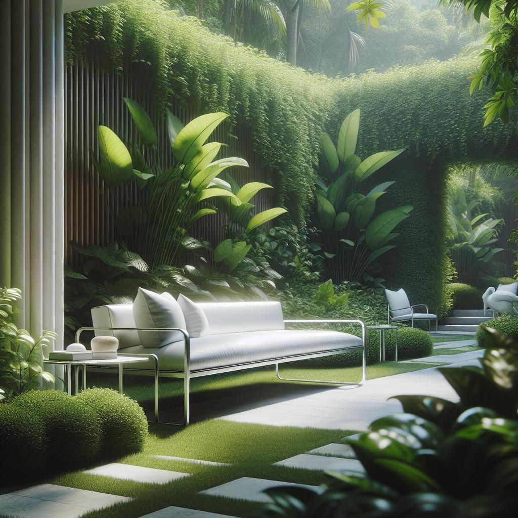 Stijlvolle witte aluminium Scandinavische tuinbank in weelderige groene tuinsetting.
