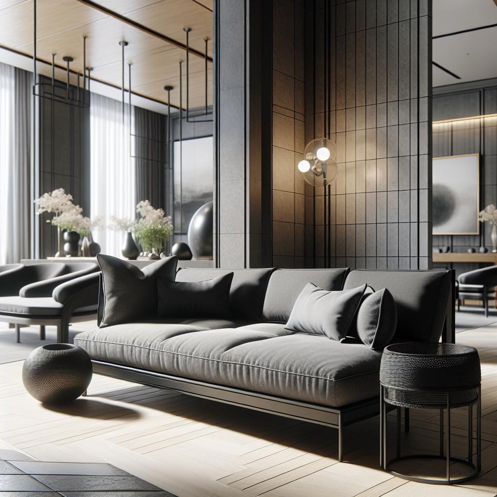 Een luxueuze antraciete tuinbank met Scandinavische elegantie en hotelfinesse.
