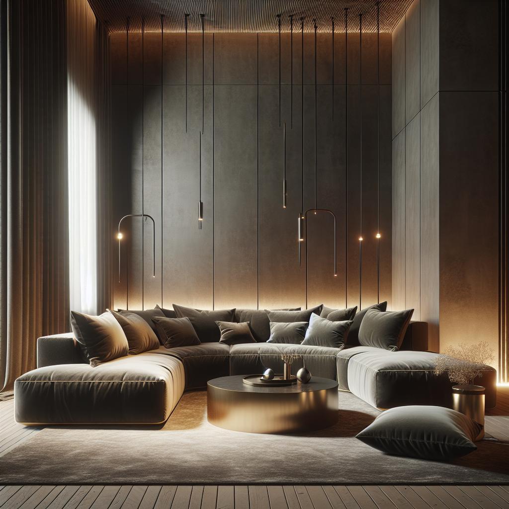 "Moderne minimalistische woonkamer met grote comfortabele U-vormige bank, gestructureerde houten vloer en hangende pendellampen, sfeervolle verlichting en luxe uitstraling."