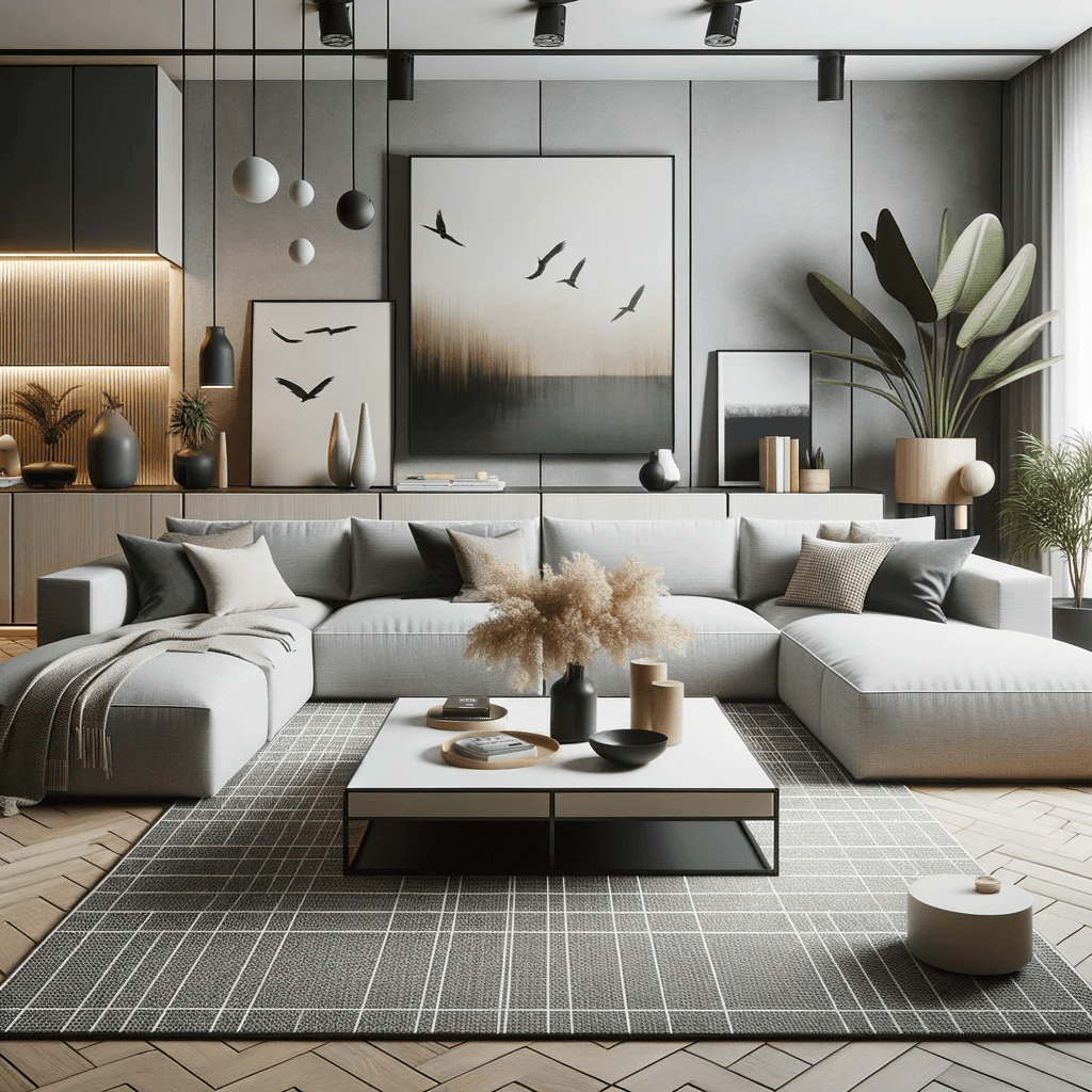 "Moderne ruime woonkamer met grijze sectionele bank, geometrisch patroon vloerkleed, houten vloer, en artistieke wanddecoraties in een huiselijk interieur met design meubilair."