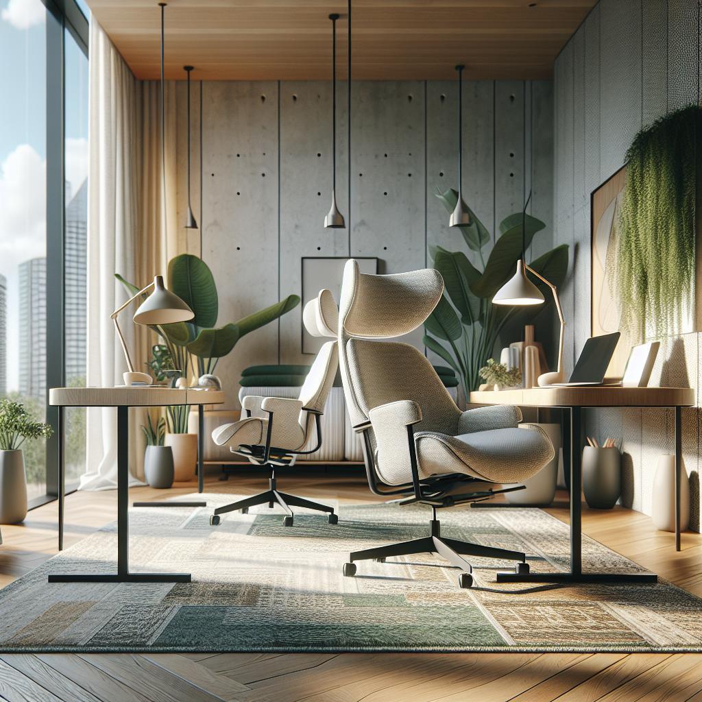 Afbeelding van luxueuze ergonomische stoel en bureau in Scandinavisch geïnspireerd interieur.