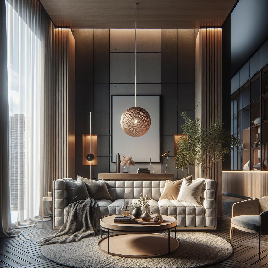 Luxe hoekbank van duurzame materialen in Scandinavisch hotelchique interieur.