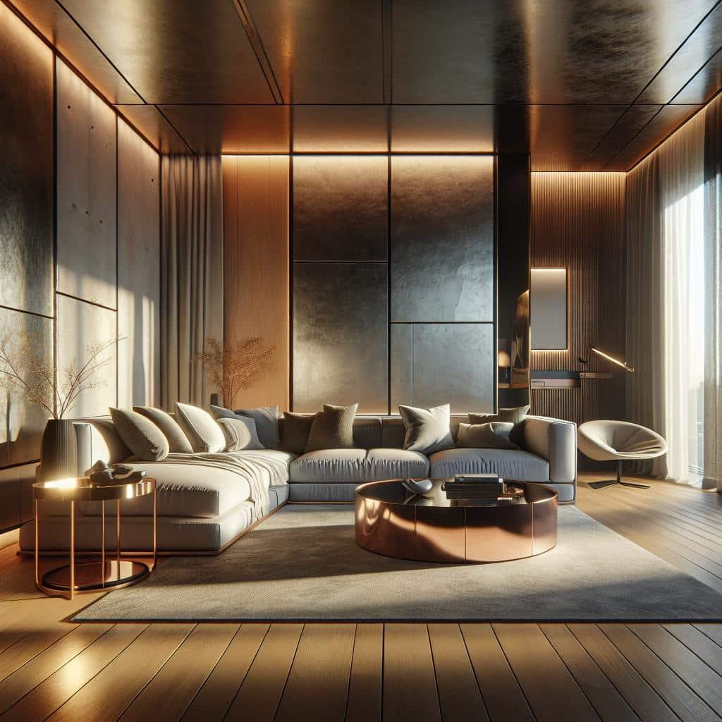 Alt text: Luxurious Scandinavian-inspired hotel room with modern corner sofa and elegant design.