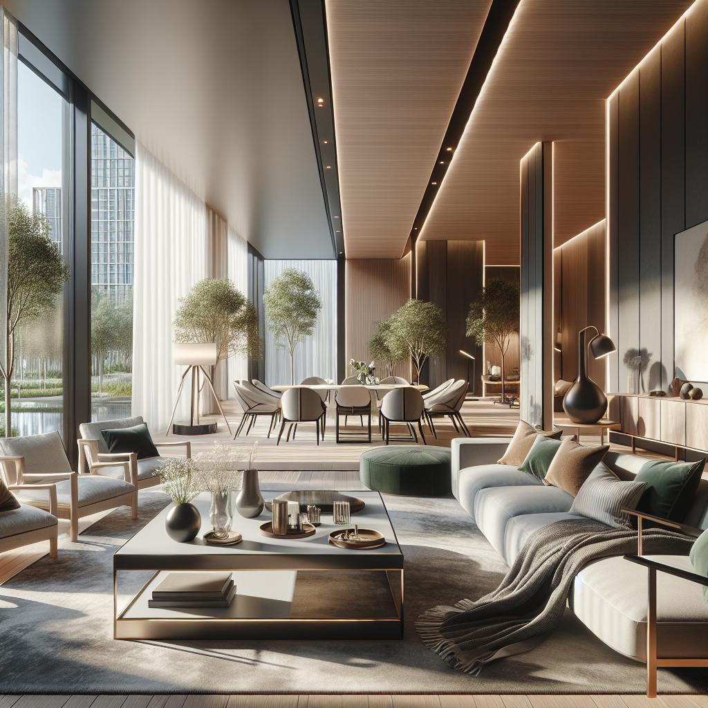 Een luxueuze woonkamer in Scandinavische stijl met hotel-chique accenten.