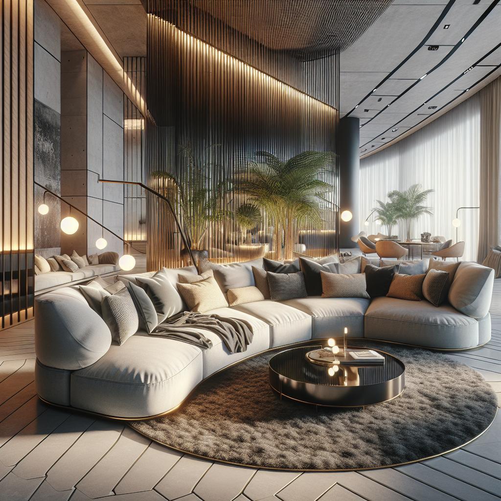 Alt text: Luxe Scandinavische hoekbank in trendy hotel chic setting, showcasing futuristisch 2025 design.