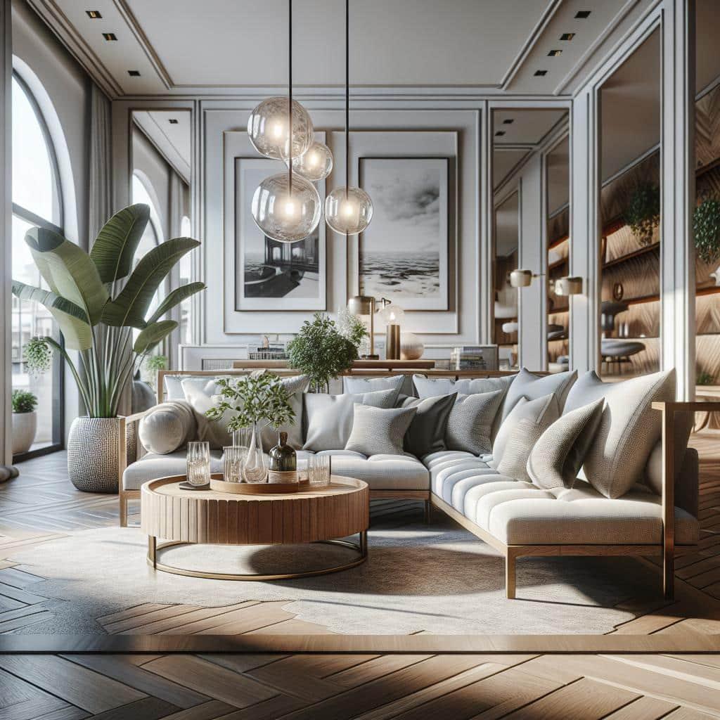 "Elegant interieurontwerp van woonkamer met gestoffeerde bank, houten visgraatvloer, glazen bolhanglampen, en stijlvolle huisdecoratie met planten en ingelijste kunst."