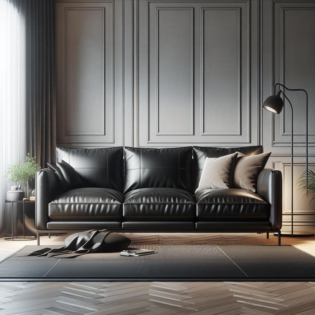 Zwarte leren bank in luxe moderne woonkamer met minimalistische stijl.