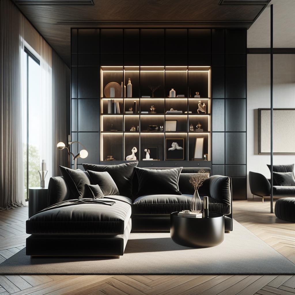 Luxe zwarte hoekbank in Scandinavische hotel chique setting - stijlvol en tijdloos.