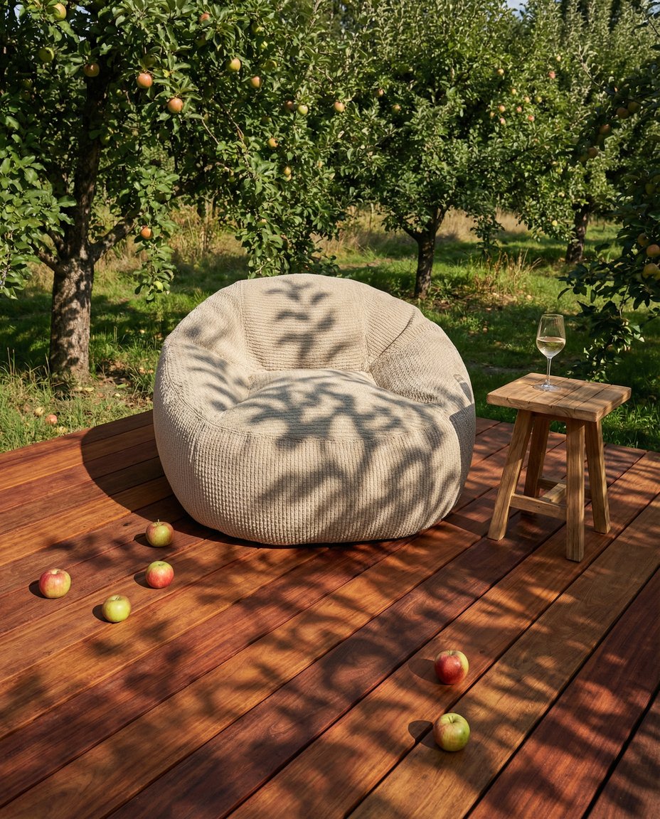 Outdoor beige loungestoel voor in de tuin met een glas wijn ernaast
