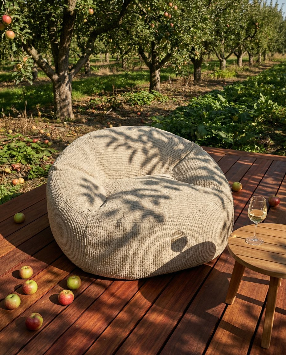 Beige Dolly tuinstoel van HoekbankXXL, geplaatst op houten terras met herfstachtige achtergrond van een boomgaard.
