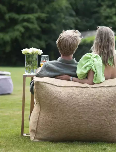 Dotty loungestoel tuin naturel gevlochten stof op terras – HoekbankXXL