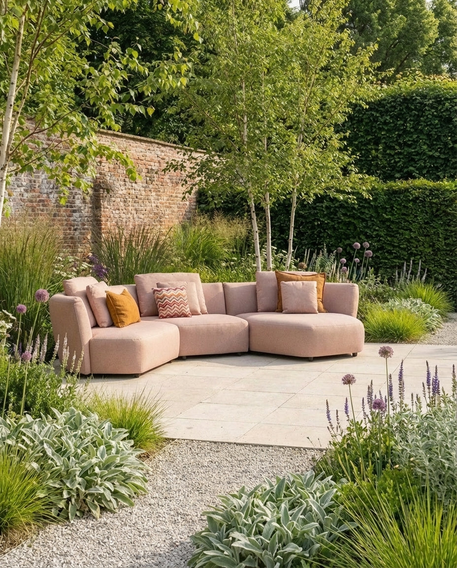 Roze loungebank tuin - Atoll van HoekbankXXL, omgeven door groen en paarse bloemen, op een stenen terras.
