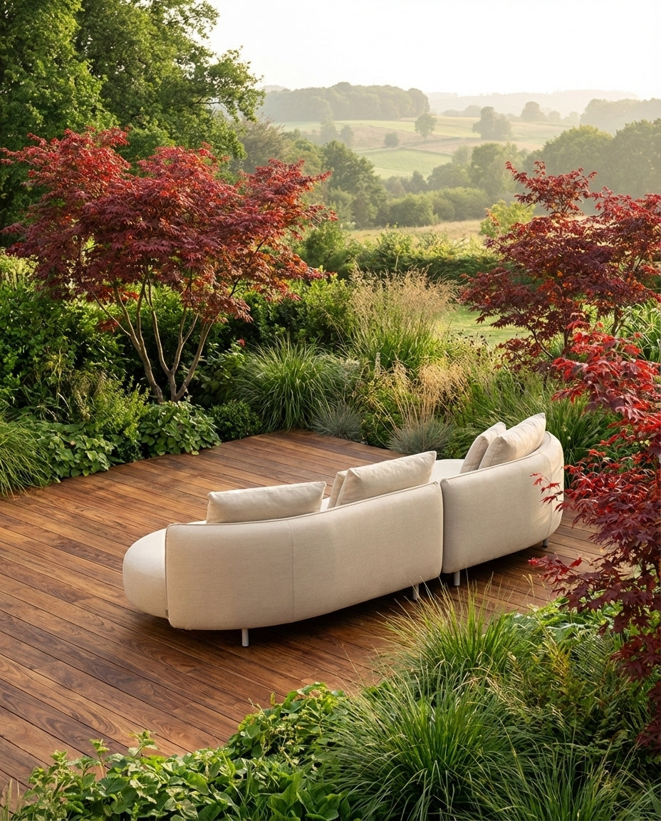 Beige loungebank tuin Madeira van HoekbankXXL, op een houten terras tussen groen en rode struiken.

