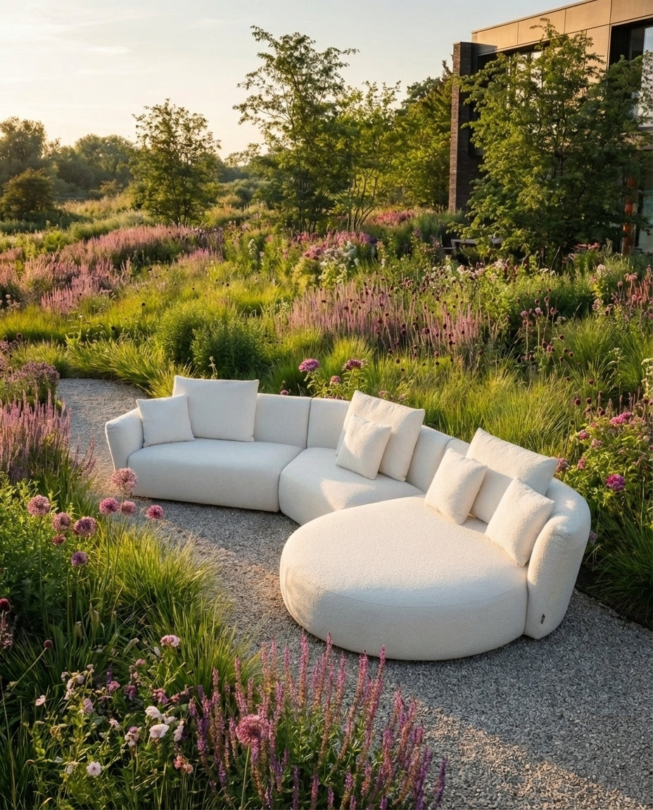 Witte loungebank Salina van HoekbankXXL in een weelderige tuin met bloeiende planten en een grindpad.
