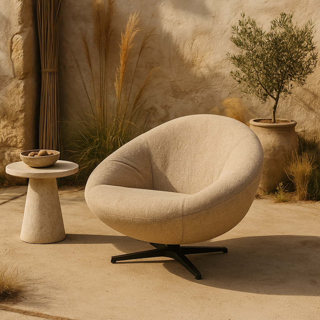 Beige outdoor fauteuil Bora Bora van HoekbankXXL, met een draaivoet en een zachte textuur, op een zonnige buitenlocatie.
