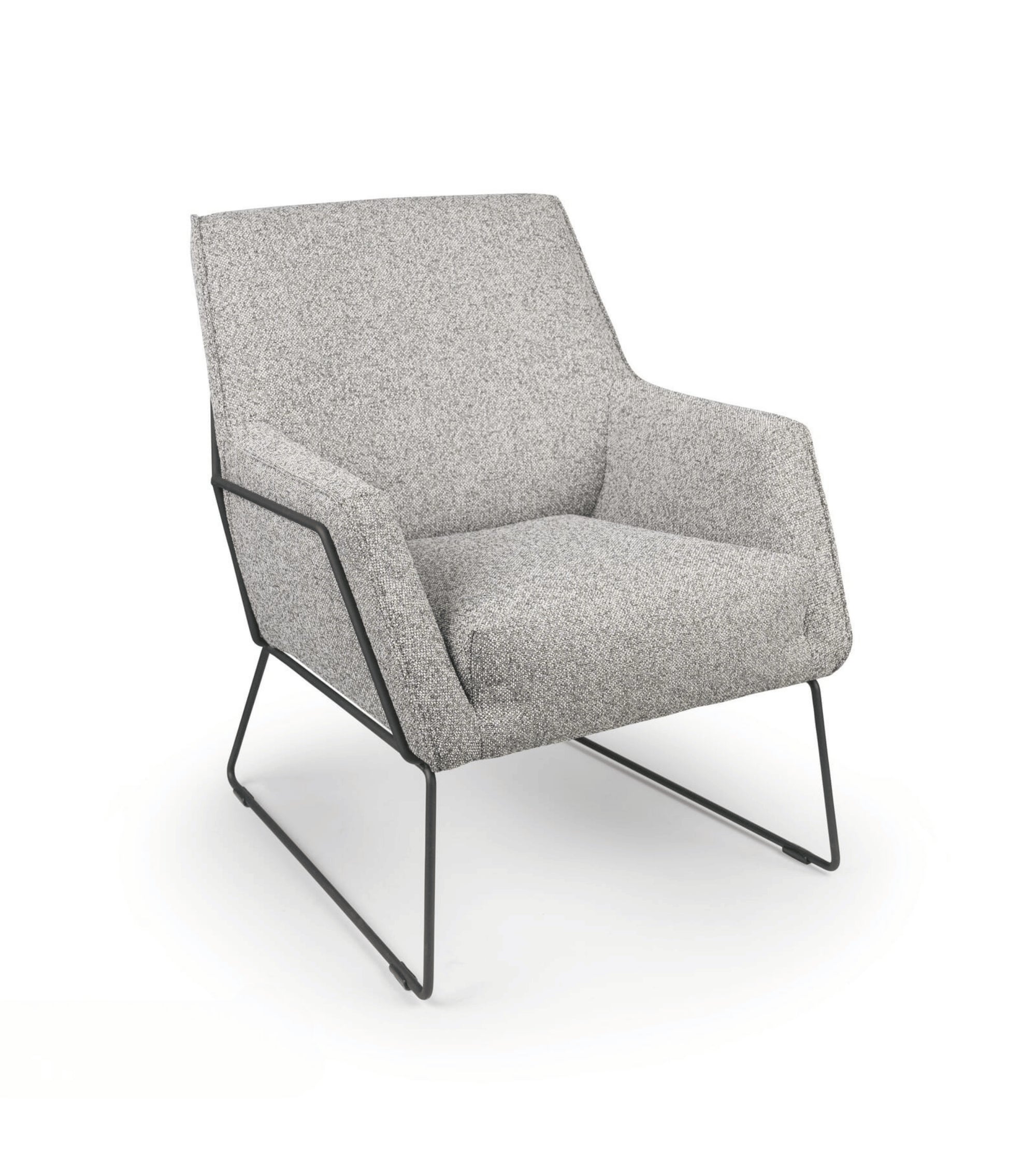 Grijze outdoor fauteuil Rose van HoekbankXXL, met een gemêleerd stoffen bekleding en zwart metalen frame.
