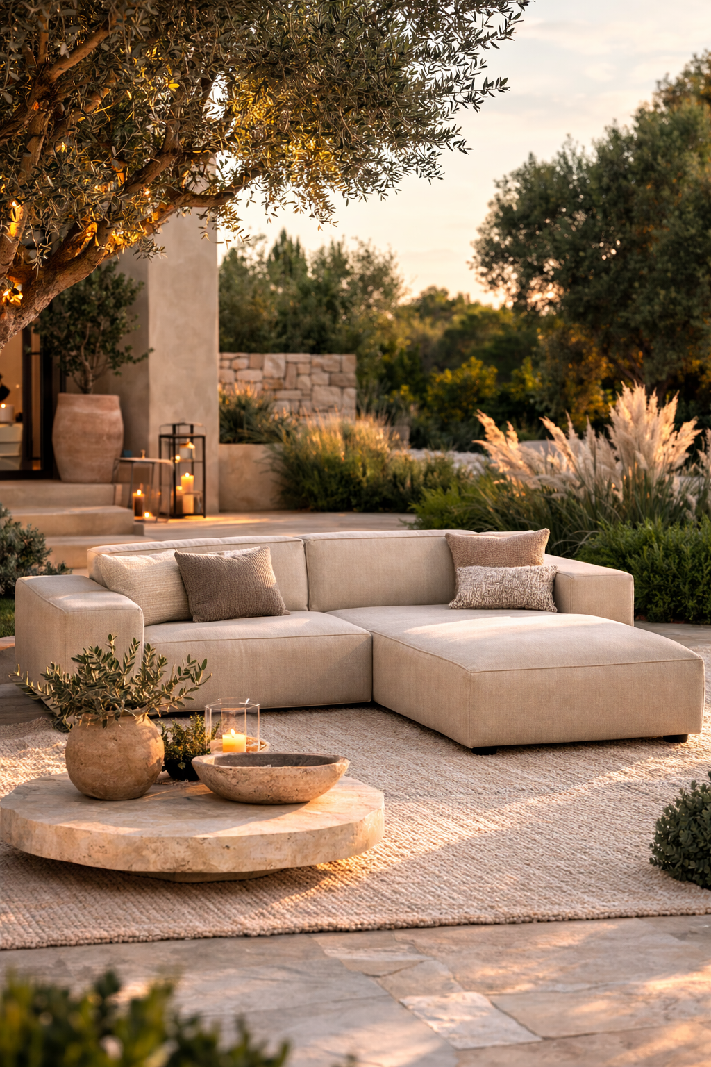 Padar Outdoorbank van HoekbankXXL, beige modulaire loungebank met kussens op een terras met een stenen vloer.
