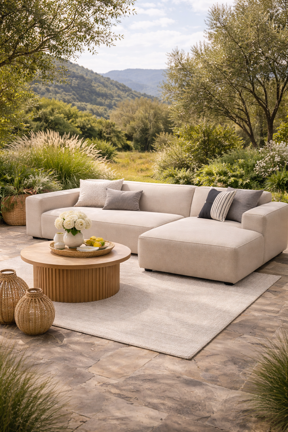 Beige Padar outdoorbank van HoekbankXXL, met kussens, op een terras in een groene omgeving.
