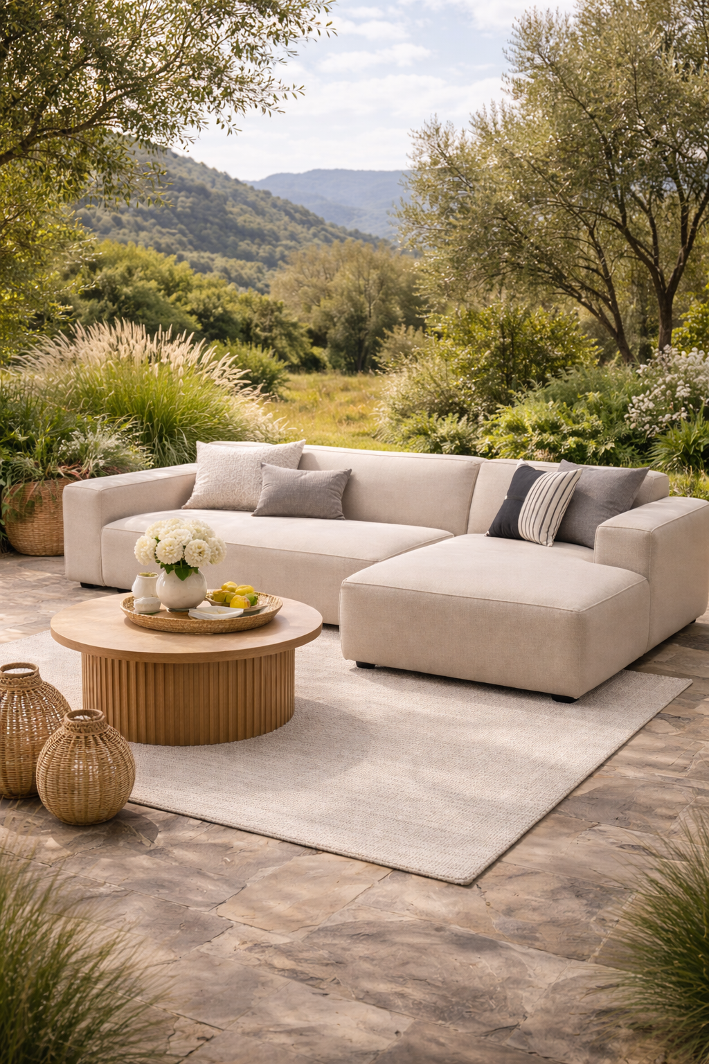 Beige Padar outdoorbank van HoekbankXXL, met kussens, op een terras in een groene omgeving.
