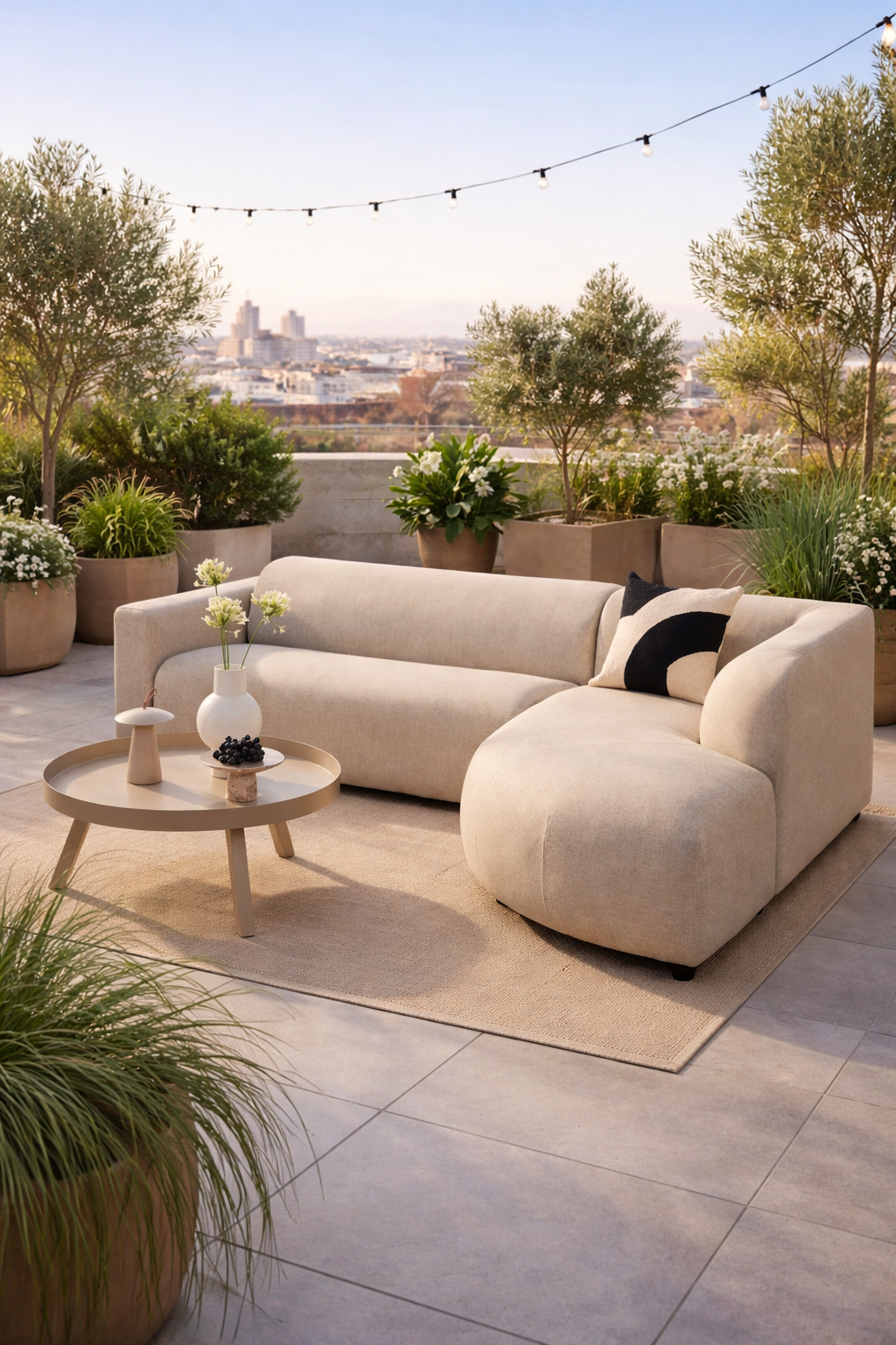 Beige Penna outdoor loungebank van HoekbankXXL, met een zwart-wit sierkussen op een terras.