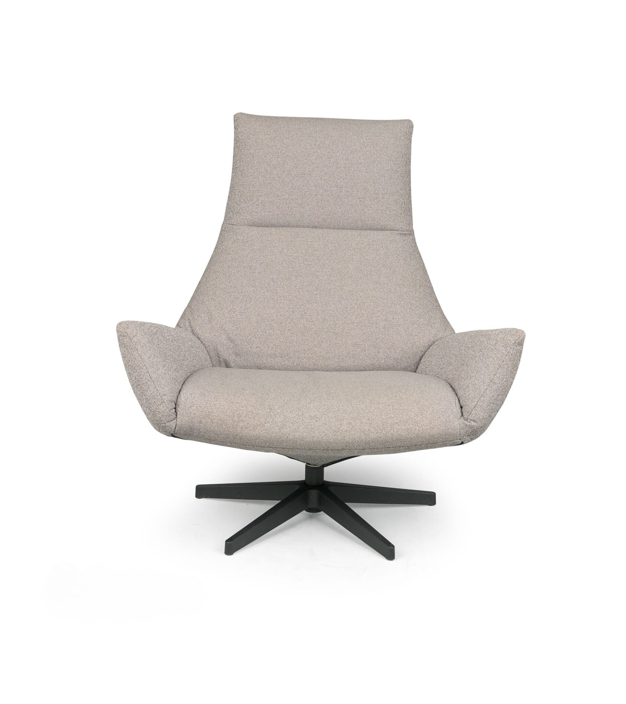 Grijze lounge fauteuil van HoekbankXXL, met een draaivoet en een gestoffeerde rugleuning.