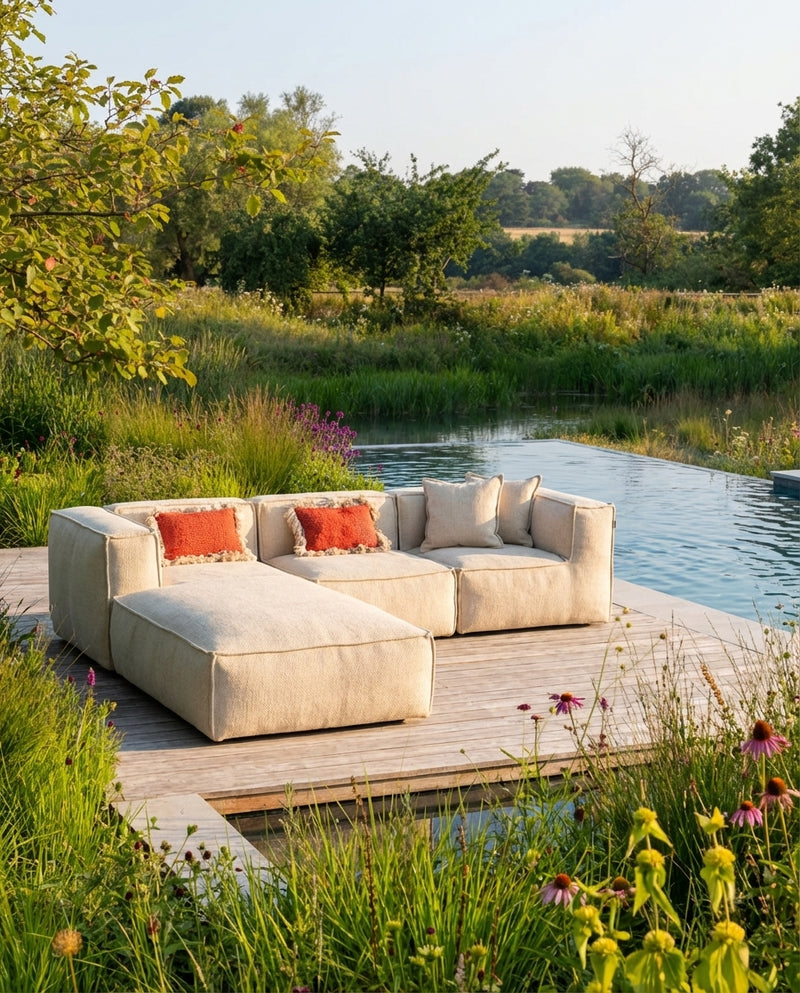 Crèmekleurige loungebank tuin 3-delige set van HoekbankXXL, met losse kussens en op een houten terras naast een vijver.
