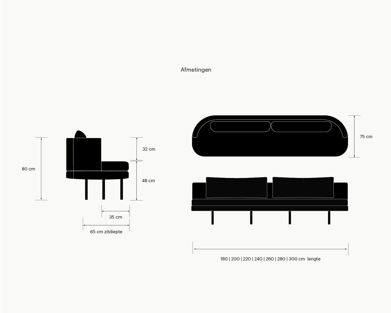 Eetkamerbank James, volledig op maat van HoekbankXXL, met maatvoering in centimeters.
